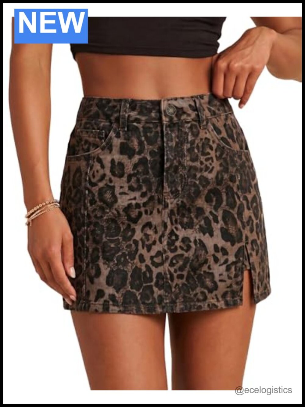 High Rise Stretchy Denim Skort with Shorts, Leopard Print Mini Skirt